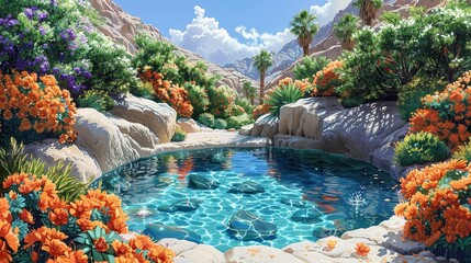 Poster - A vibrant, blooming desert oasis, with colorful flowers and lush, green vegetation surrounding a clear, sparkling pool of water, creating a serene and picturesque scene Watercolor style, high