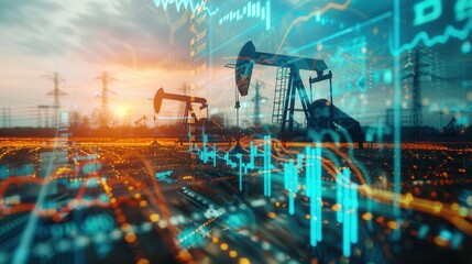 Aufkleber - Oil pumps silhouetted against a sunset backdrop, overlaid with digital screen graphics displaying financial data, representing the volatility of the oil market. Generative AI