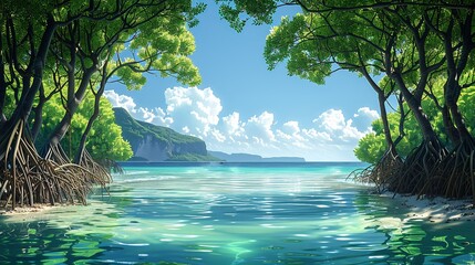 Sticker - The serene beauty of a coastal mangrove, with tall, twisted roots and lush, green foliage, creating a unique and vibrant ecosystem, framed by clear, azure waters and a sunlit sky Watercolor style,