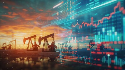 Aufkleber - Oil pumps silhouetted against a sunset sky, with financial charts and data overlaid, illustrating the concept of rising gasoline prices. Generative AI