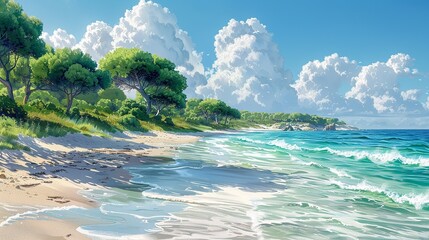 Canvas Print - The tranquil beauty of a coastal grove, with verdant trees swaying gently in the ocean breeze, their leaves shimmering in the sun, and waves lapping against the sandy shoreline Watercolor style, high