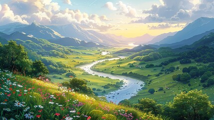 Poster - A picturesque river winding its way through a lush, verdant valley, with vibrant wildflowers blooming along its banks and the landscape bathed in the warm, golden light of the sun Watercolor style,