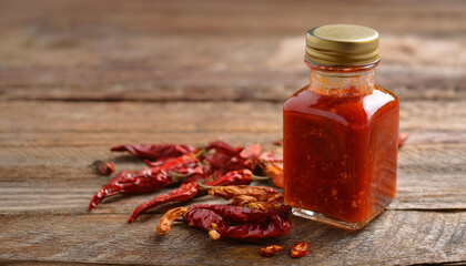 Wall Mural - Glass bottle of red hot chili sauce and dried peppers on rustic wooden table. Tasty and spicy.