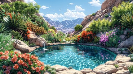 Sticker - A vibrant, blooming desert oasis, with colorful flowers and lush, green vegetation surrounding a clear, sparkling pool of water, creating a serene and picturesque scene Watercolor style, high