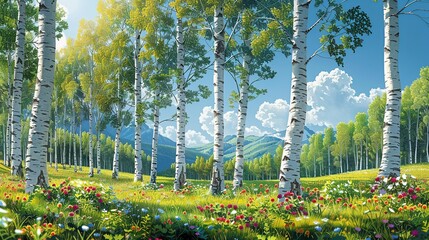 Poster - A vibrant, sunlit grove of birch trees, their white bark and green leaves creating a striking contrast, with wildflowers blooming at their base and a clear, blue sky above Watercolor style, high