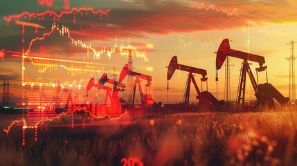 Aufkleber - Silhouettes of oil pumps stand against a vibrant sunset sky, with superimposed financial charts indicating an upward trend in gasoline prices. Generative AI