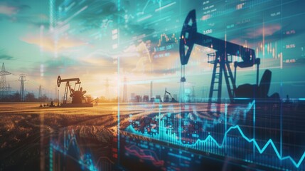 Poster - Oil pump silhouettes against a sunset backdrop with overlaid financial charts depicting rising oil prices. Generative AI