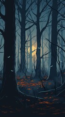 Wall Mural - A dark and eerie scene of a haunted forest at dusk. ,Dark Color light ,vectorline design , illustration , Mobile Wallpaper