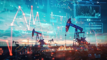 Aufkleber - Oil pumps stand in a field at sunset, with digital screens overlayed showing financial charts and graphs. Generative AI