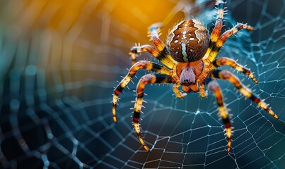 Close-up of a spider in its intricate web