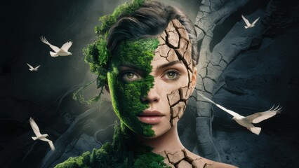 Poster - A woman with a face made of leaves and birds, AI