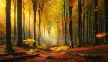 Wall Mural - Autumn forest with fallen leaves on the ground in sunny weather