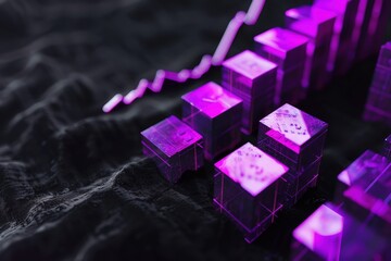 Iridescent purple blocks build an exponential stock chart on a black velvet texture.