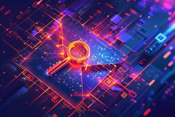 a digital illustration featuring a glowing envelope and a key, symbolizing email security and encryp