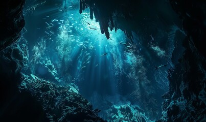 Uncanny underwater cave, bioluminescent creatures dance in azure waters. Deep shadows conceal ancient glyphs, an enigma beneath the waves