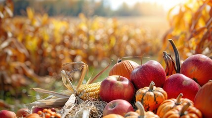 Poster - A close-up of a variety of fall harvest fruits and vegetables, including apples, pumpkins, gourds, and corn. Generative AI