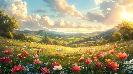 Wall Mural - A lush, blooming floral meadow with vibrant colors, sunlit sky, and rolling hills, offering a picturesque and tranquil nature background image. Watercolor style, high resolution Illustration, in the