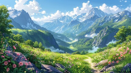 Wall Mural - Scenic alpine meadow with blooming flowers, verdant valleys, and misty mountain peaks under a sunlit sky, offering a picturesque and tranquil nature background image. Watercolor style, high