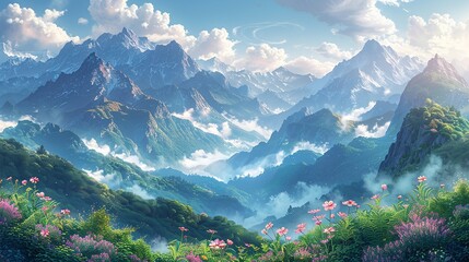 Wall Mural - Breathtaking alpine landscape with misty mountain peaks, verdant valleys, and blooming flowers under a sunlit sky, creating a picturesque and tranquil nature background image. Watercolor style, high