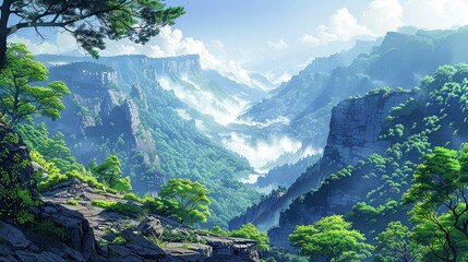 Poster - Panoramic view of a wooded canyon with shadowed cliffs, lush greenery, and a misty, sunlit sky, creating a breathtaking and tranquil nature background image. Watercolor style, high resolution