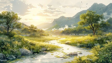 Poster - Serene riverine scene with riparian elements, featuring a misty, sunlit river winding through a lush, verdant landscape, perfect for a tranquil nature background image. Watercolor style, high