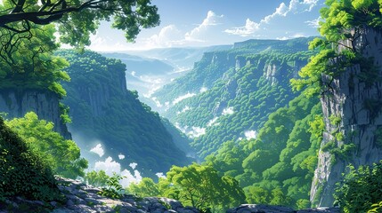 Poster - Panoramic view of a forested canyon with shadowed cliffs, lush greenery, and a misty, sunlit sky, creating a picturesque and serene nature background image. Watercolor style, high resolution