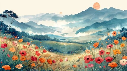 Poster - A tranquil, blooming floral meadow with vibrant colors, rolling hills, and a sunlit, misty horizon, ideal for a peaceful and scenic nature background image. Watercolor style, high resolution