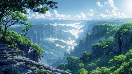 Sticker - Panoramic view of a forested canyon with shadowed cliffs, lush greenery, and a misty, sunlit sky, creating a picturesque and serene nature background image. Watercolor style, high resolution