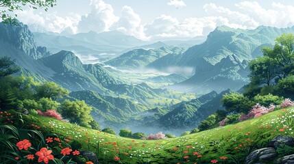 Wall Mural - A lush, rolling landscape with shadowed hills, blooming flowers, and a misty, verdant valley, offering a serene and breathtaking nature background image. Watercolor style, high resolution