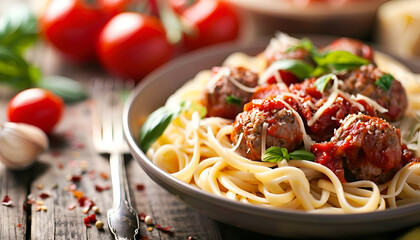 Delicious pasta with meatballs and tomato sauce as background, closeup