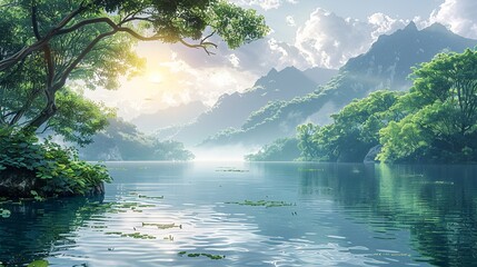 Poster - Serene lakeside scene with tranquil waters, lush greenery, and a sunlit, misty horizon, ideal for a peaceful and scenic nature background image. Watercolor style, high resolution Illustration, in the