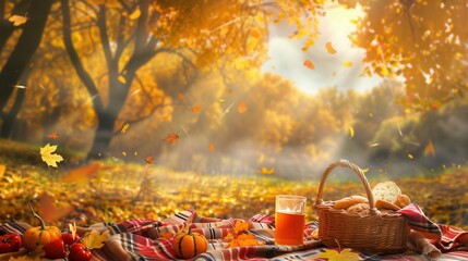 Poster - A cozy picnic blanket with a basket of food and drinks is set up in a forest, surrounded by vibrant golden leaves falling from the trees. Generative AI