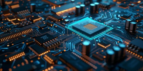 Wall Mural - An electronic component. The idea of a CPU in a main computer control unit. An embedded microchip on a motherboard.