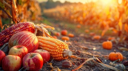 Aufkleber - A close-up of a colorful harvest spread on the ground in a field of corn. Generative AI