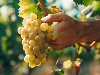 Wall Mural - Farmer's hand holding a bunch of grapes in the vineyard