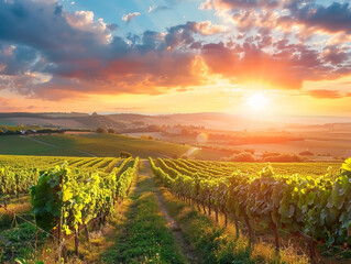 Wall Mural - Vineyard at sunset, rows of vines with green leaves and the sunset in the background