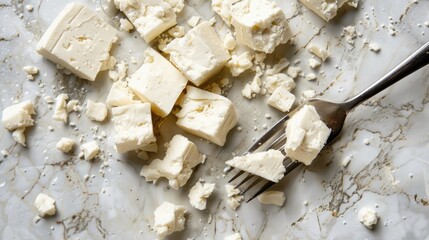 Bird s eye view of fork and chunks of whole milk feta cheese