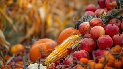 Poster - A bountiful harvest of corn, pumpkins, and apples sits nestled among fall foliage in a field. Generative AI