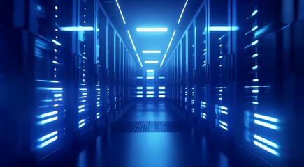 Futuristic server room with glowing blue LED lights and high-tech equipment.