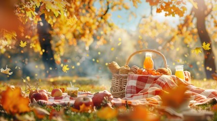 Poster - A picnic basket filled with food and drinks sits on a red and white checkered blanket under a canopy of golden fall foliage. Generative AI