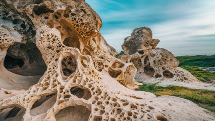 Poster - A group of rocks that have holes in them and a grassy area, AI