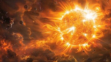 Sticker - Stunning depiction of a solar flare with its intense bursts of energy and light, showcasing the dynamic and powerful nature of our sun and other stars. Watercolor style, high resolution Illustration,