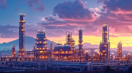 Wall Mural - Captivating image of a modern refinery at dusk, showcasing the intricate network of pipelines, distillation towers, and storage tanks in the technology-driven chemical and petroleum industries.