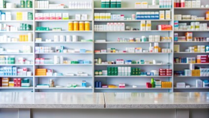 Empty Pharmacy Countertop With Blurred Medicine Shelves. Generative AI