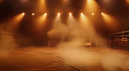 Wall Mural - Empty indoor arena with spotlight beams and smoke, creating a dramatic and moody atmosphere, suitable for events or performances.