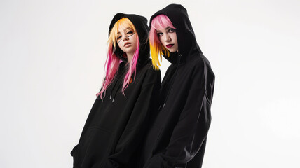 Wall Mural - two 20 year old nordic emo girls with pink and yellow shoulder length hear wearing an oversized blank black hoodie facing the camera dead center, bright white studio background,generative ai