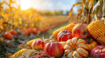Poster - A bountiful autumn harvest of corn, pumpkins, gourds, and apples rests on the ground in a field, basking in the warm sunlight. Generative AI