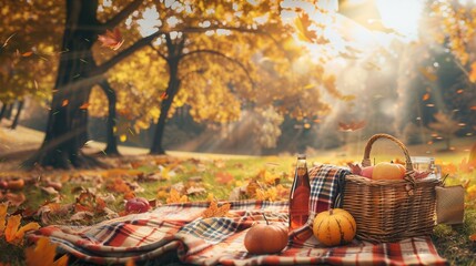 Poster - A basket of food and drinks sits on a red and white checkered blanket in a forest filled with golden trees. Generative AI