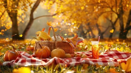 Poster - A cozy picnic spread out on a red and white checkered blanket in a park, with a wicker basket overflowing with food and a drink on the side. Fall leaves create a golden backdrop. Generative AI