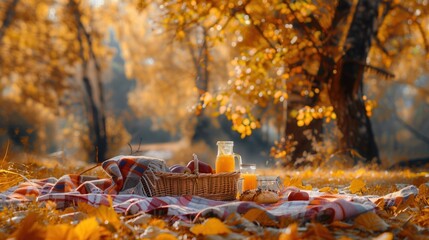 Poster - A checkered blanket lies on a bed of golden leaves under a tree with vibrant yellow foliage. A basket filled with food and drinks sits on the blanket. Generative AI